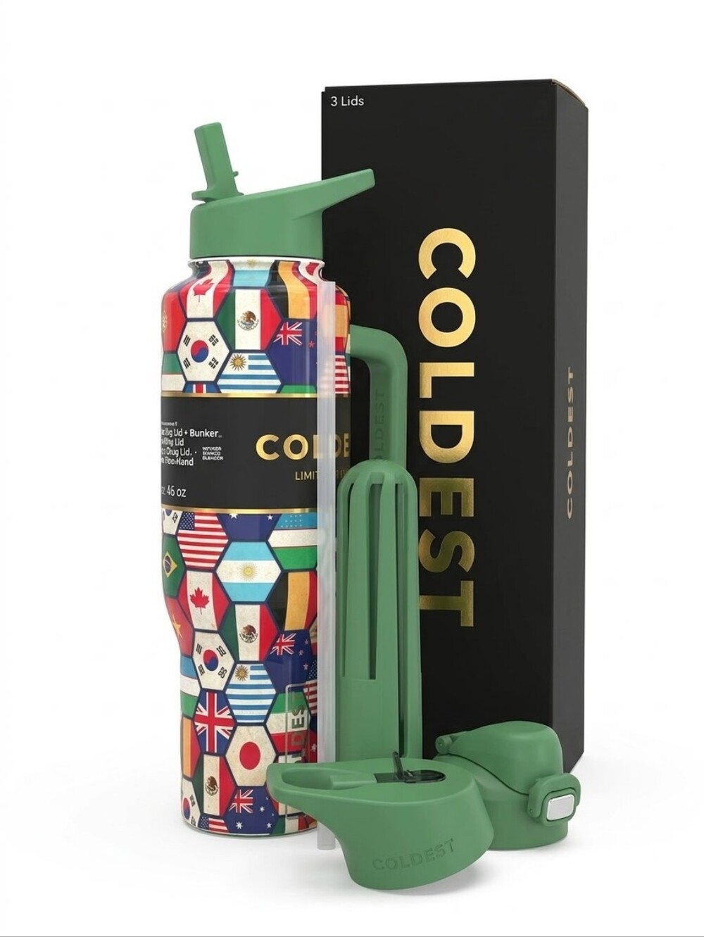 World Stage 46oz Limited Edition Green Handle Flag-Print Water Bottle
